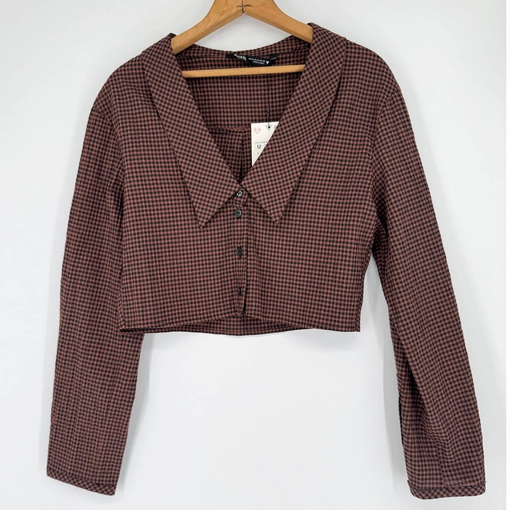 NWT Zara Gingham Cropped Plaid Blouse Sz M Brown Oversized Collar Dark Academia